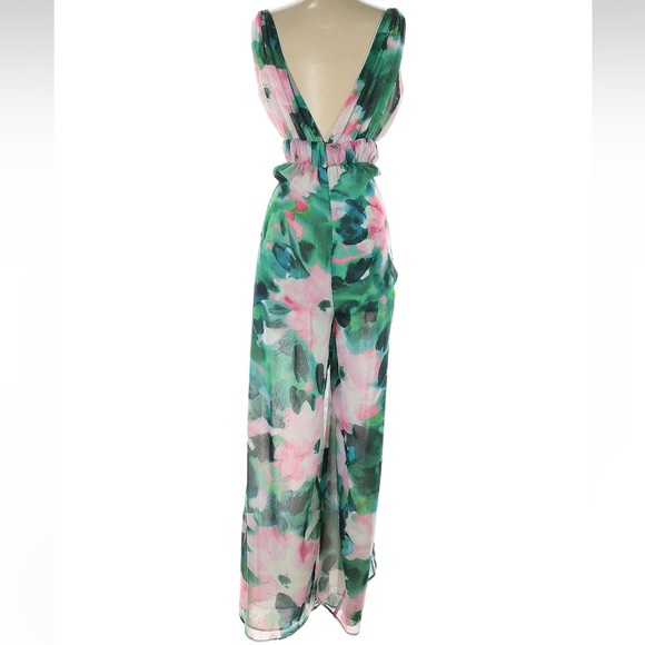 Zara Green & Pink Watercolor Floral Print Wide Leg Jumpsuit Size XS - Picture 6 of 9